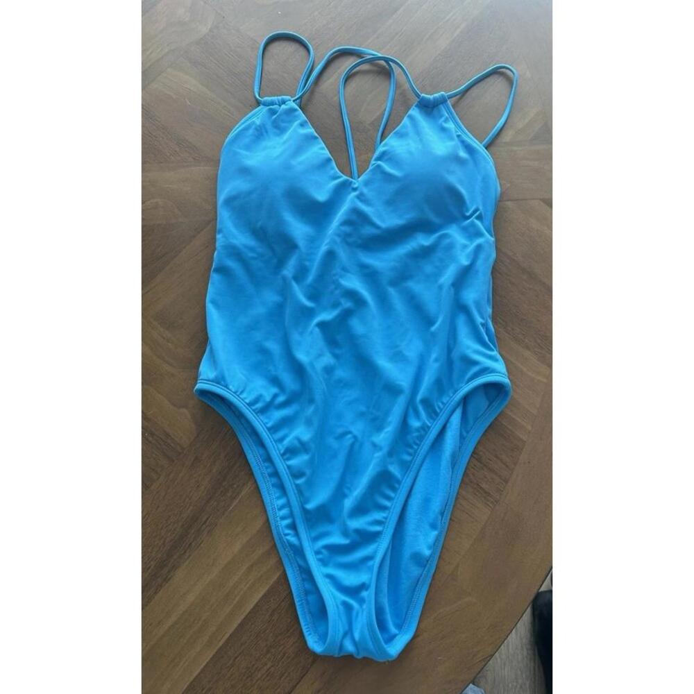 Shade & Shore Womens Medium Blue Lace-Up One Piece Swimsuit in Teal